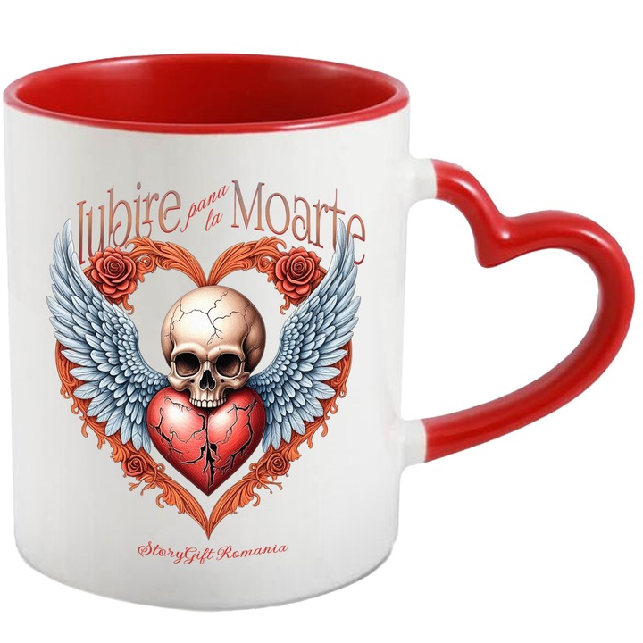 Cana Craniu cu aripi inima franta iubire pana moarte, 330ml, Ceramica cu Maner Inima Rosie