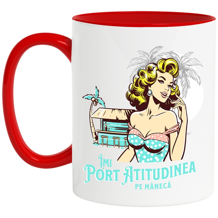 Cana Fata retro cabana plaja text Imi Port Atitudinea Moda, 330ml, Ceramic cu Maner Rosu