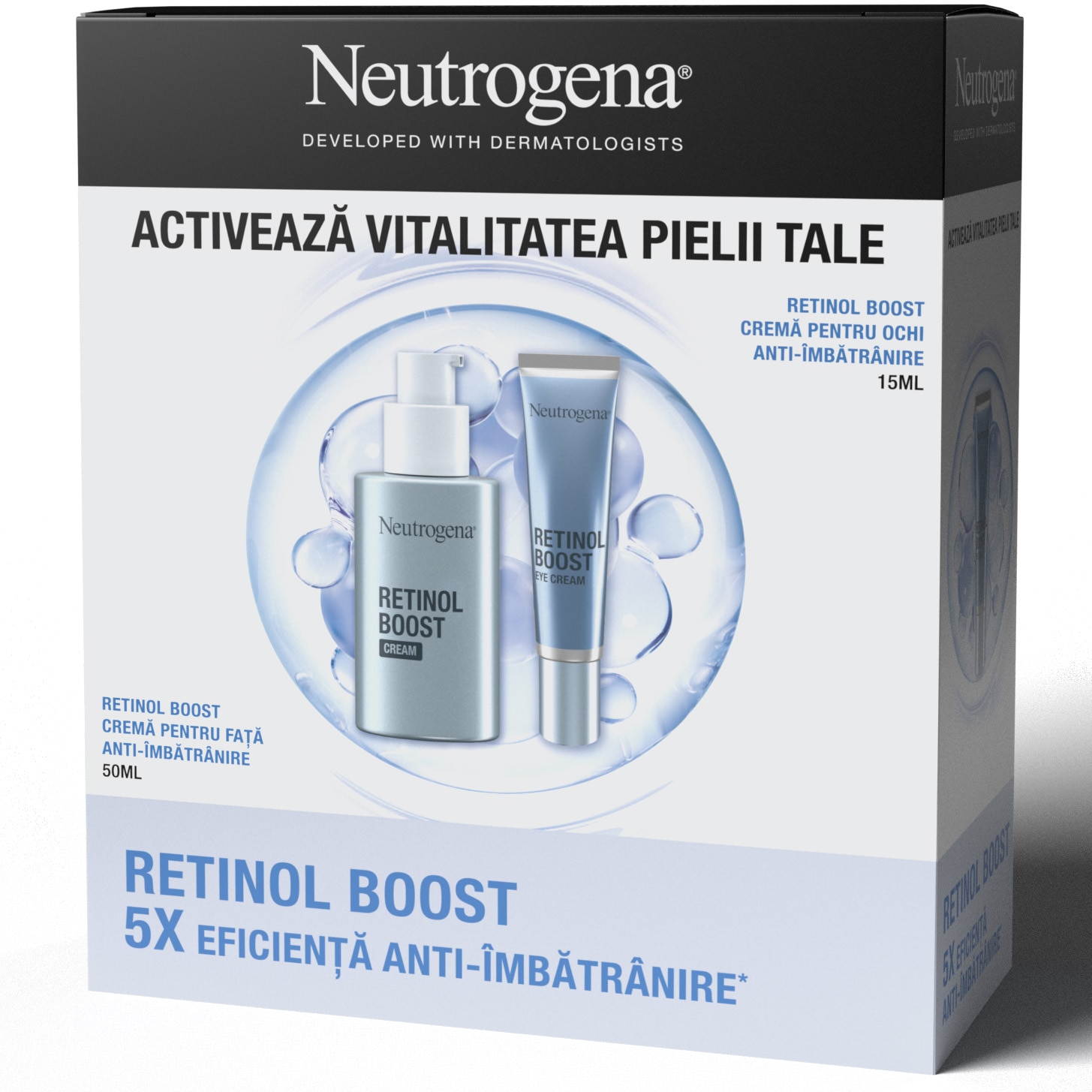 Set cadou Neutrogena Retinol Boost: Crema de fata anti-imbatranire, 50 ml + Crema pentru ochi anti-imbatranire, 15 ml
