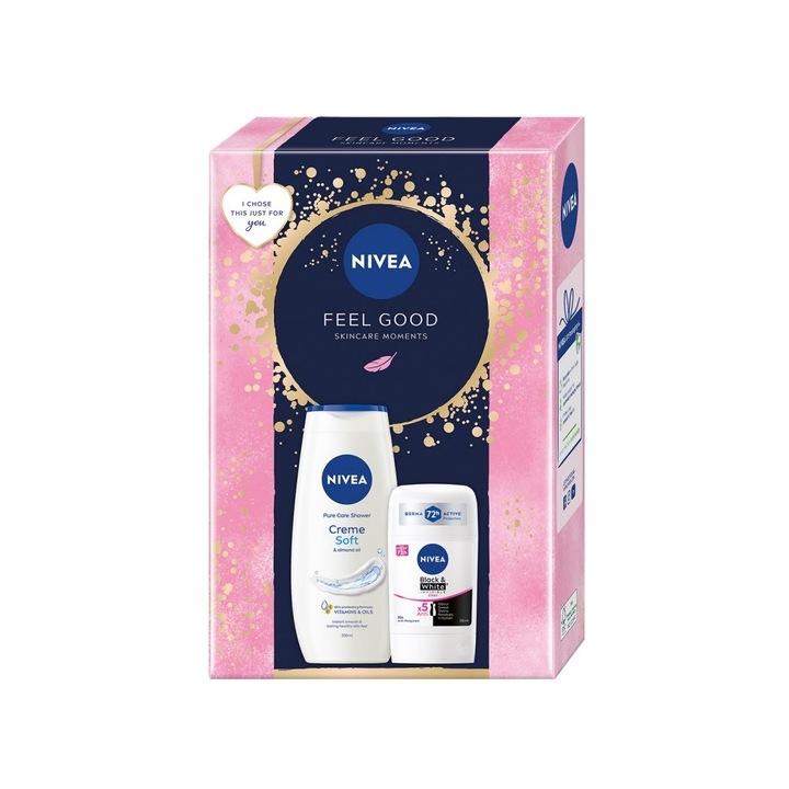 Дамски подаръчен комплект Nivea Feel Good, Creme Soft душ гел, 250 ml и дезодорант стик Invisible Black & White Clear, 50 ml