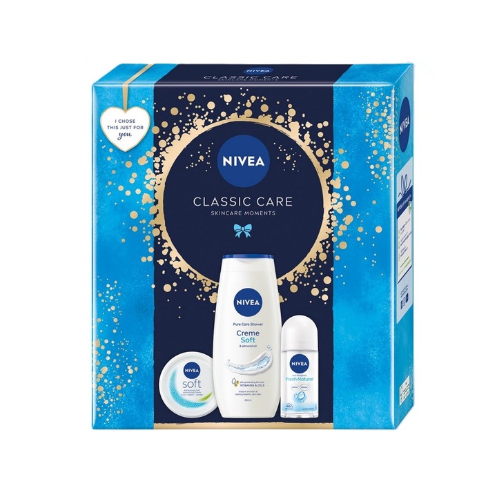 Nivea Classic Care női ajándék szett, Creme Soft 100 ml, Creme Soft tusfürdő 250 ml és Roll-On Fresh Natural Dezodor 50 ml