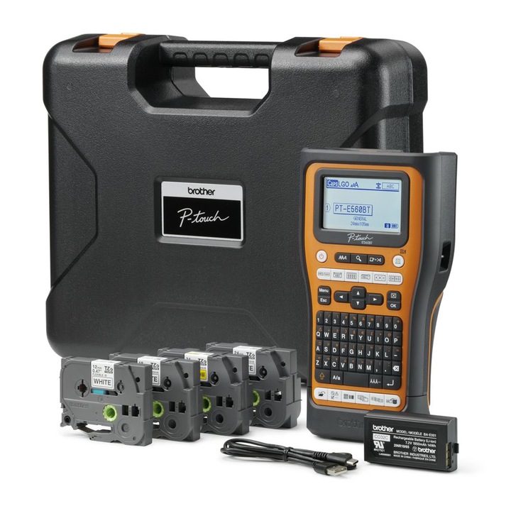 Комплект термопринтер Brother PT-E560BTSP, оранжев/черен, включва 4 TZe ленти, акумулаторна батерия, 1 м USB AC кабел, куфар за носене