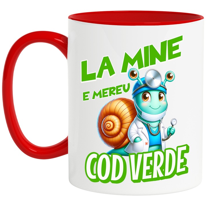Cana Melc Imbracaminte Doctor vesel Text La mine E Mereu Cod Verde Copii, 330ml, Ceramic cu Maner Rosu