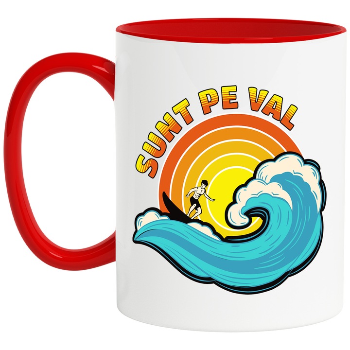 Cana sunt pe val om pe placa de surf, val inalt sport, 330ml, Ceramic cu Maner Rosu