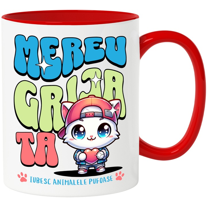 Cana pisica cu inima mereu grija ta inima, iubitorii de animale, 330ml, Ceramic cu Maner Rosu