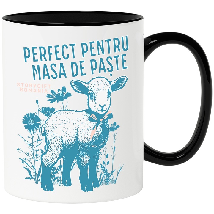 Cana perfect pentru masa de paste miel cu funda familie, 330ml, Ceramica cu Maner Negru