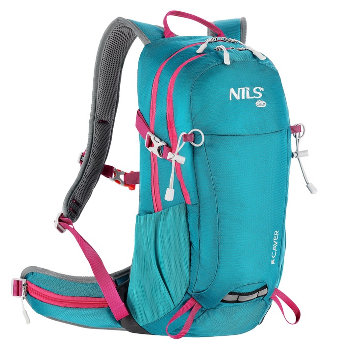 Rucsac turistic NILS CAMP Caver, nylon, 18L, turcoaz/roz, 50x31x20cm, cu sistem de ventilatie, impermeabil