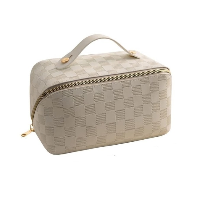 Geanta pentru cosmetice, portabila, impermeabila, compartimente multiple, cu Fermoar, dimensiuni 22 x 13 x 12.5 cm, culoare crem