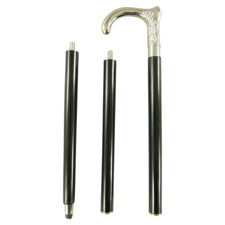 Baston demontabil din lemn pentru plimbare, lemn negru / metal nichelat, 3 buc, L. 93 cm