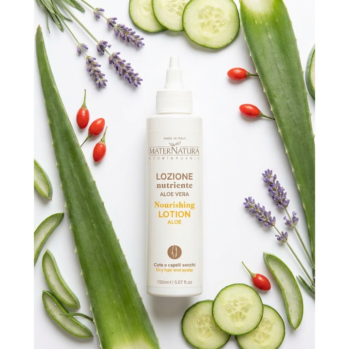 Lotiune de par nutritiva MaterNatura 150ml cu aloe vera, lavanda, goji si acid hialuronic - hidratare intensiva scalp uscat, calmare disconfort si mancarime, echilibrare scalp, eco bio