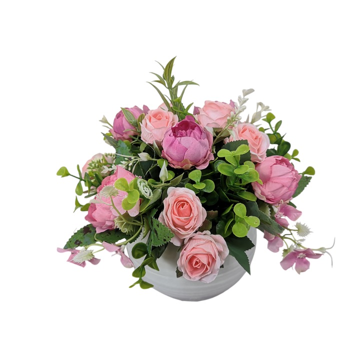 Aranjament floral cu flori artificiale 22x20 cm, DADY, cu bujori si trandafiri roz