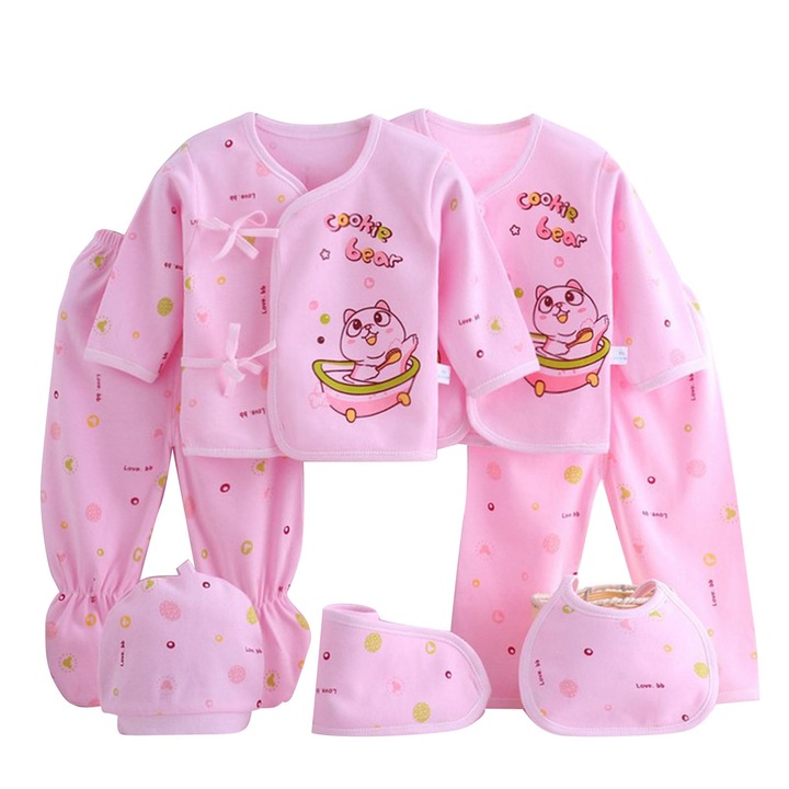 Комплект бебешки дрехи 7 части, памук, розов, 44-62 СМ