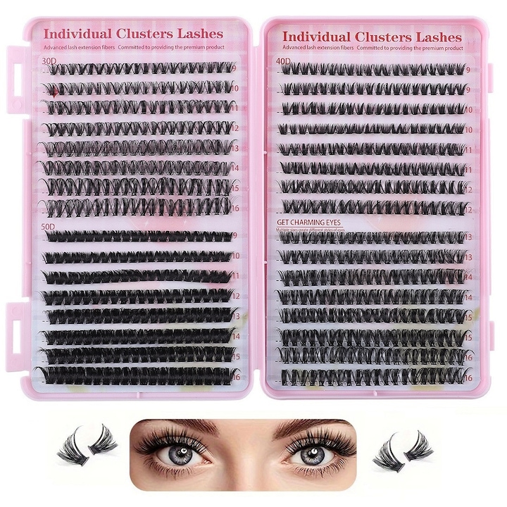 Set gene false individuale ESensio® 640LS 640 lashes, tip smoc, forma 30D, 40D, 50D, aspect natural, efect 3D, 0.07mm, fibra artificiala, refill kit, negru