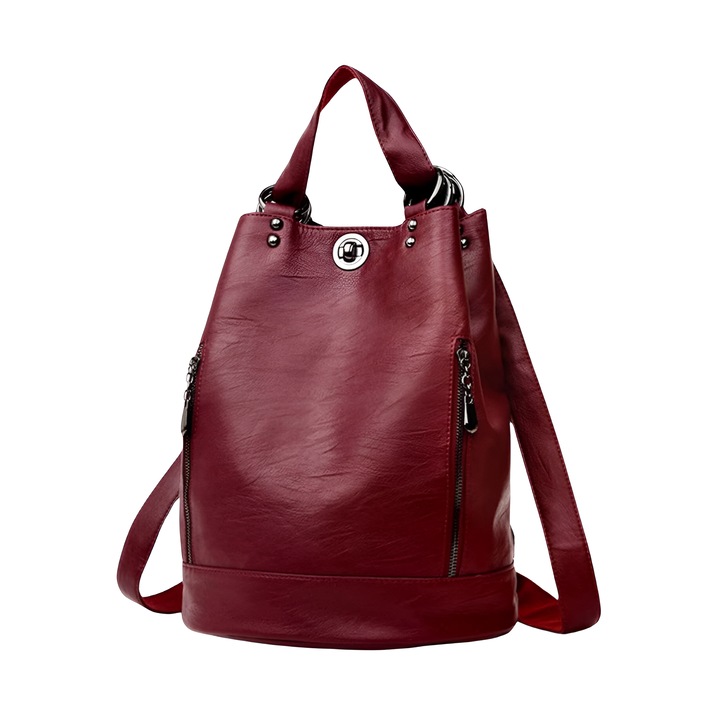 Női táska, hátizsák típusú, Deluxe Boutique, modern dizájn, tartós prémium ökológiai bőr, környezetbarát, több rekeszes, állítható pánt, sokoldalú kiegészítők, bordó