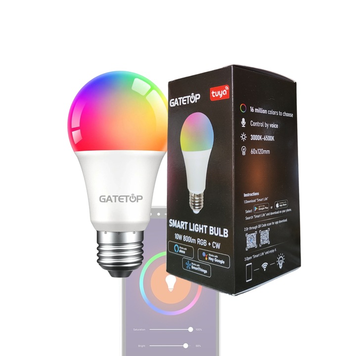 Smart LED крушка Gatetop RGB, E27, Wifi/Bluetooth, Синхронизация на музика, мобилно приложение