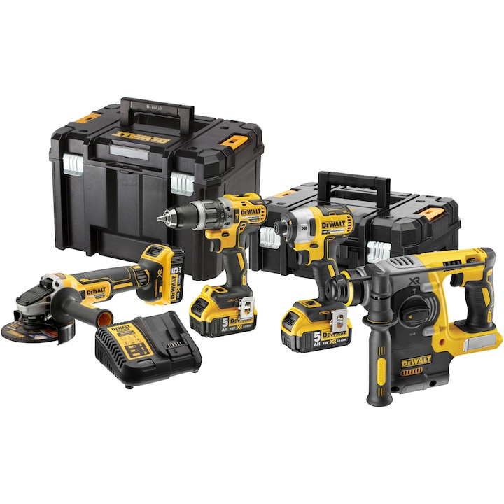 Комплект 4 броя професионални акумулаторни инструменти DeWALT DCK422P3T, 18 V, Включва: бормашина DCD796, ударен винтоверт DCF887, ъглошлайф DCG405, перфоратор DCH273, 3x батерия, Бързо зарядно устройство, Транспортни кутии TSTAK DS150 + DS300