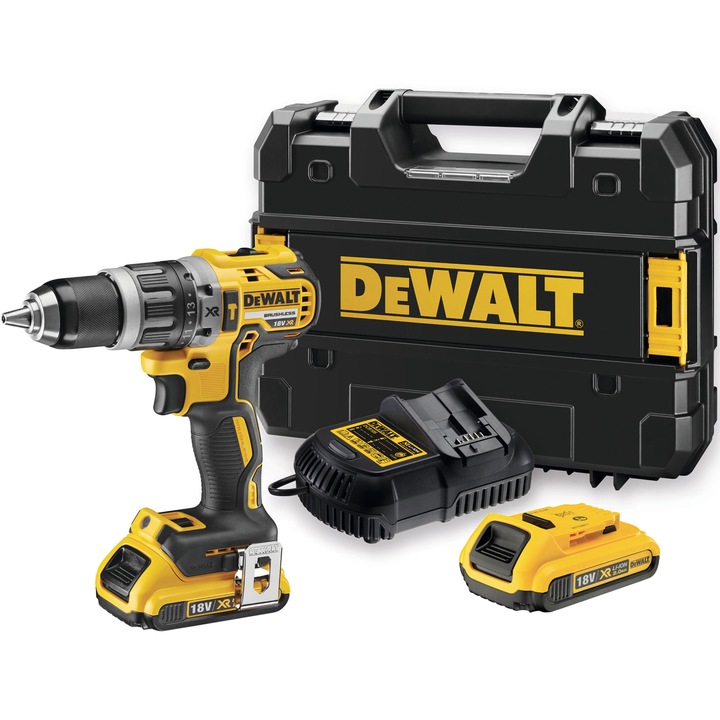 Акумулаторна бормашина DeWALT DCD796D2, 18 V, Безчетков мотор, 2x 2 Ah Li-Ion батерия, 70 Nm, 2000 об/мин, 34 000 удара/мин, Кука за колан, Бързо зарядно, Транспортна кутия TSTAK