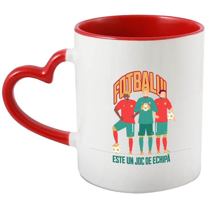 Cana Trei jucatori fotbalul ester un joc de echipa, 330ml, Ceramica cu Maner Inima Rosie