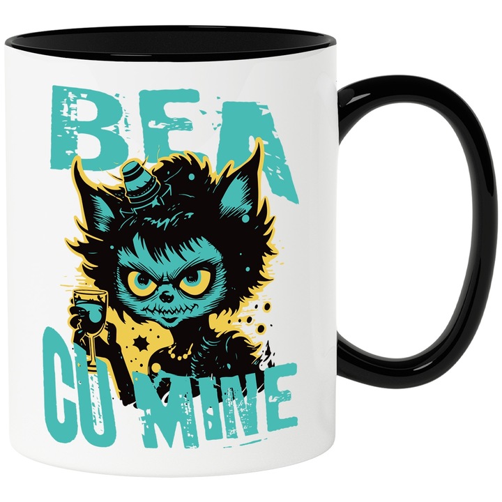 Cana bea cu mine pisica horror H4ALLowen, 330ml, Ceramica cu Maner Negru