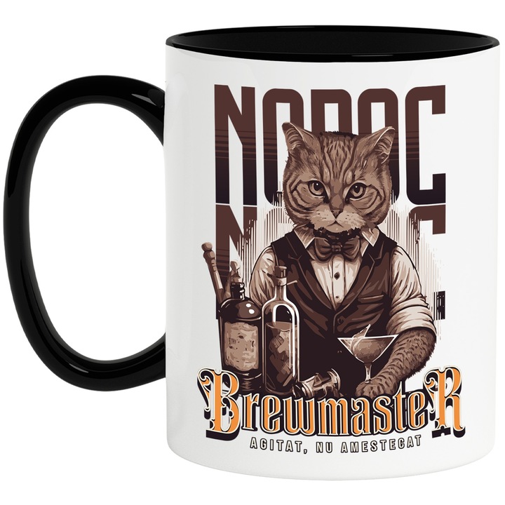 Cana Brewmaster Agitat, nu amestecat. pisica barman alcool motan, 330ml, Ceramica cu Maner Negru