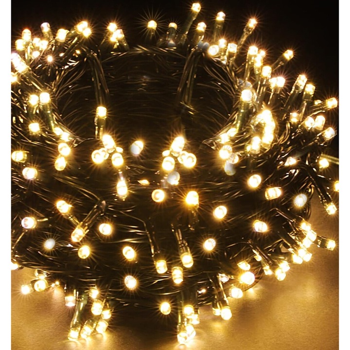 Instalatie brad de Craciun, Liniara 30 M, 300 LED -uri, cu 8 jocuri de lumini, Pentru Exterior/Interior, Alb Cald