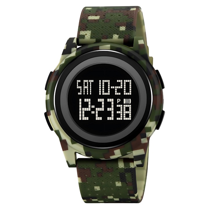 Ceas Digital pentru Copii 9+, Rezistent la Apa, Multifunctional, Afisaj LED, Curea Confortabila, Cronometru, Alarma si Culori Vibrante, AZ PRODUCTS®, Camo Verde