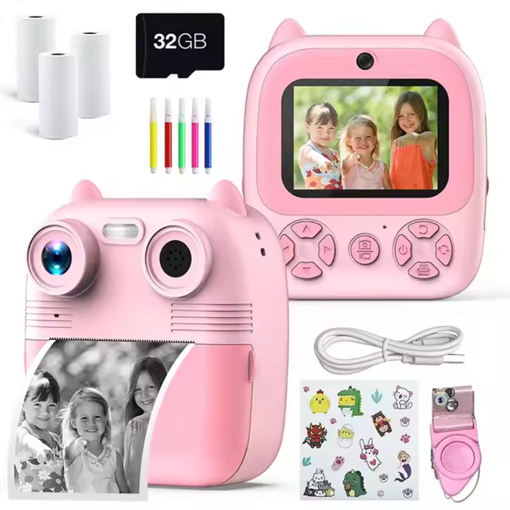 Camera Digitala Pentru Copii Cu Imprimare Termica Instant Z ZYNERA™, 48 MP HD, Card Memorie 32 GB, Ecran 2.8 Inch, Stickere Cadou, Blitz Poze, Roz, Calitate Premium