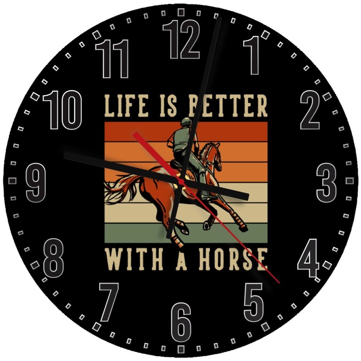 Ceas de perete din lemn 30cm, mecanism quartz, montare pe perete, "Life is Better with a Horse"