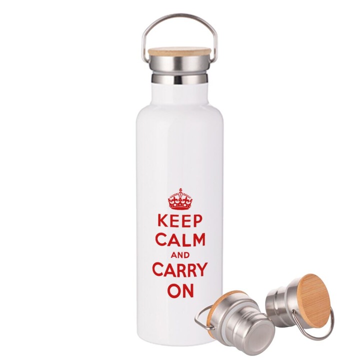 Termos din otel inoxidabil, 750ml, capac din lemn, alb, perete dublu
