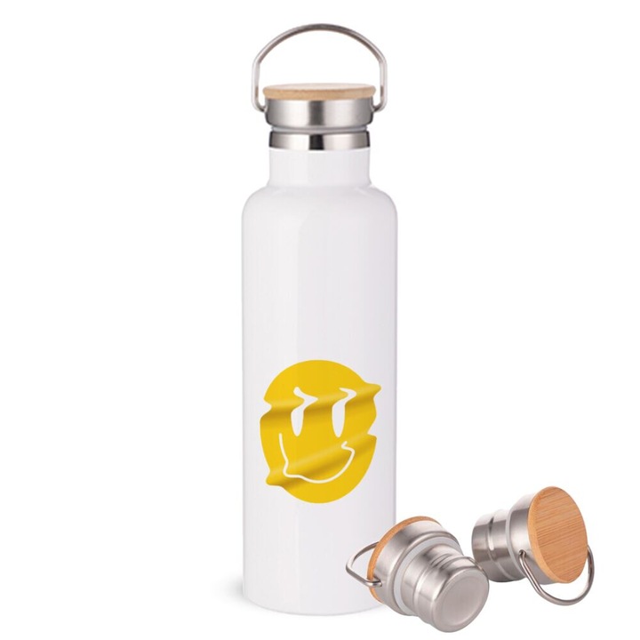 Termos din otel inoxidabil, Smile avatar, capac din lemn, 750ml, alb, perete dublu
