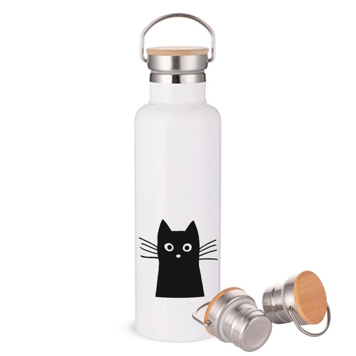 Termos Black Cat, inox, capacitate 750ml, perete dublu, capac din lemn