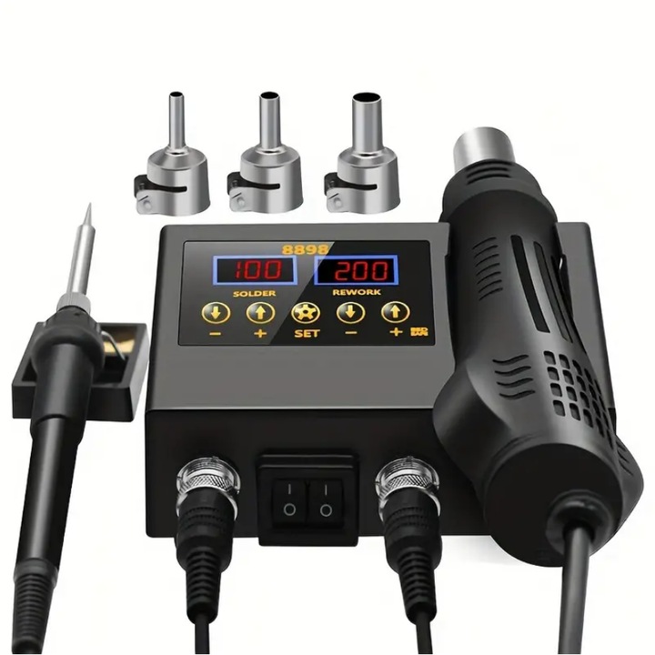 Forrasztóállomás 2 az 1-ben forró levegővel, Zola, hőmérséklet és légáramlás szabályozás, 3 fúvóka mellékelve 4, 7 és 9 mm, LCD kijelző, 750W, hőmérséklet tartomány 100-500 Celsius fok, fekete