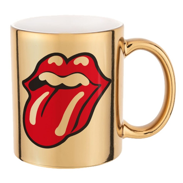 Cana ceramica Rolling Stones Kiss, efect oglinda aurie, 330ml, set
