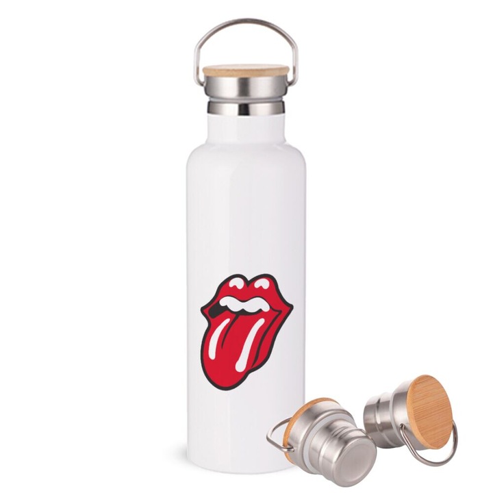Termos din otel inoxidabil, Rolling Stones Kiss, capacitate 750ml, alb cu capac din lemn, perete dublu