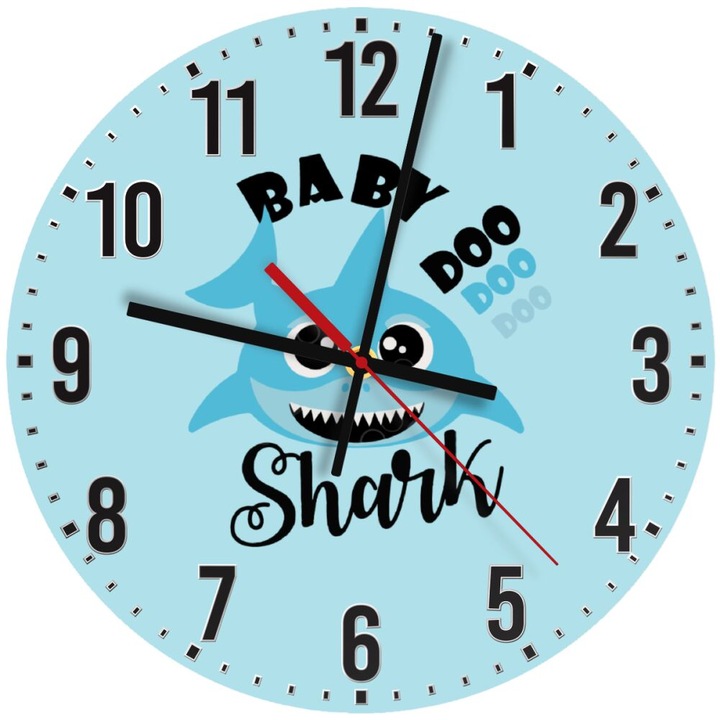 Ceas de perete din lemn 30cm, mecanism silentios, montare pe perete, Baby Shark