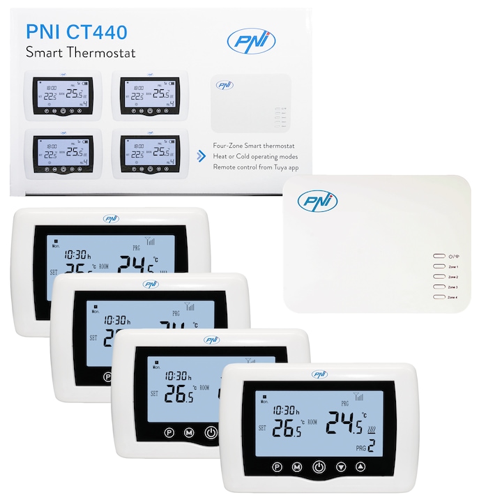 Termostat inteligent PNI CT440 fara fir, cu WiFi, control 4 zone prin Internet, pentru centrale termice, pompe, electrovalve, APP TuyaSmart