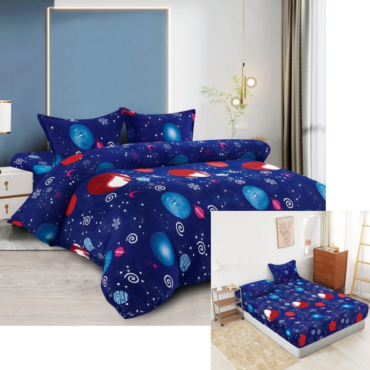 Lenjerie de pat cu elastic pentru 2 persoane, Dormy, Odyssey, 180x200, Cocolino, Microfibra, 6 piese