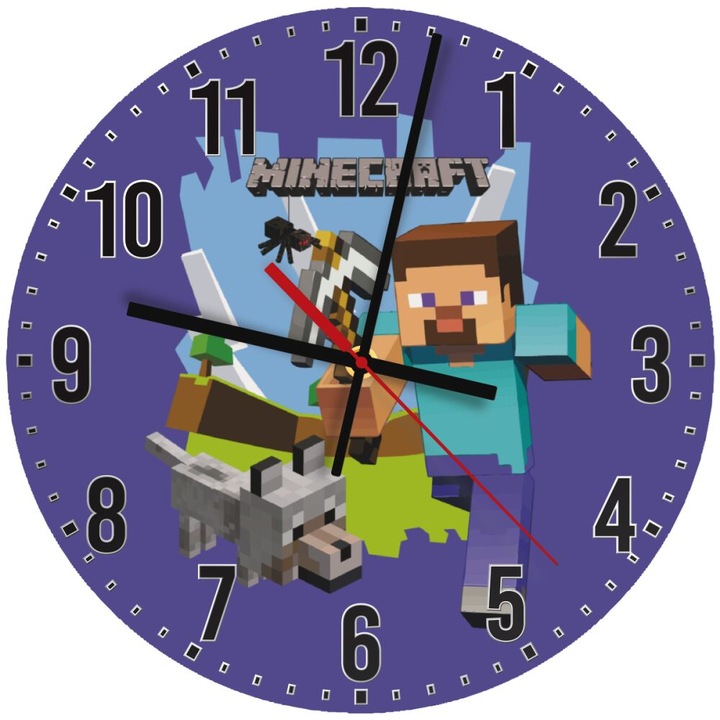 Ceas decorativ din lemn 30cm, mecanism silentios, montare pe perete, Minecraft Alex