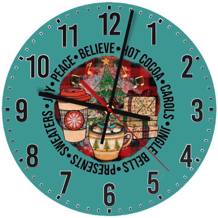 Ceas de perete din lemn 30cm, mecanism quartz, montare pe perete, design cu texte decorative