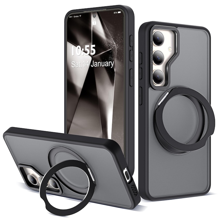 Husa de Protectie din Silicon, Compatibil Samsung Galaxy S24 Plus, Magnet Magsafe, Suport pentru telefon, Margini ridicate pentru protectie ecran si camera, Negru, Versatyx