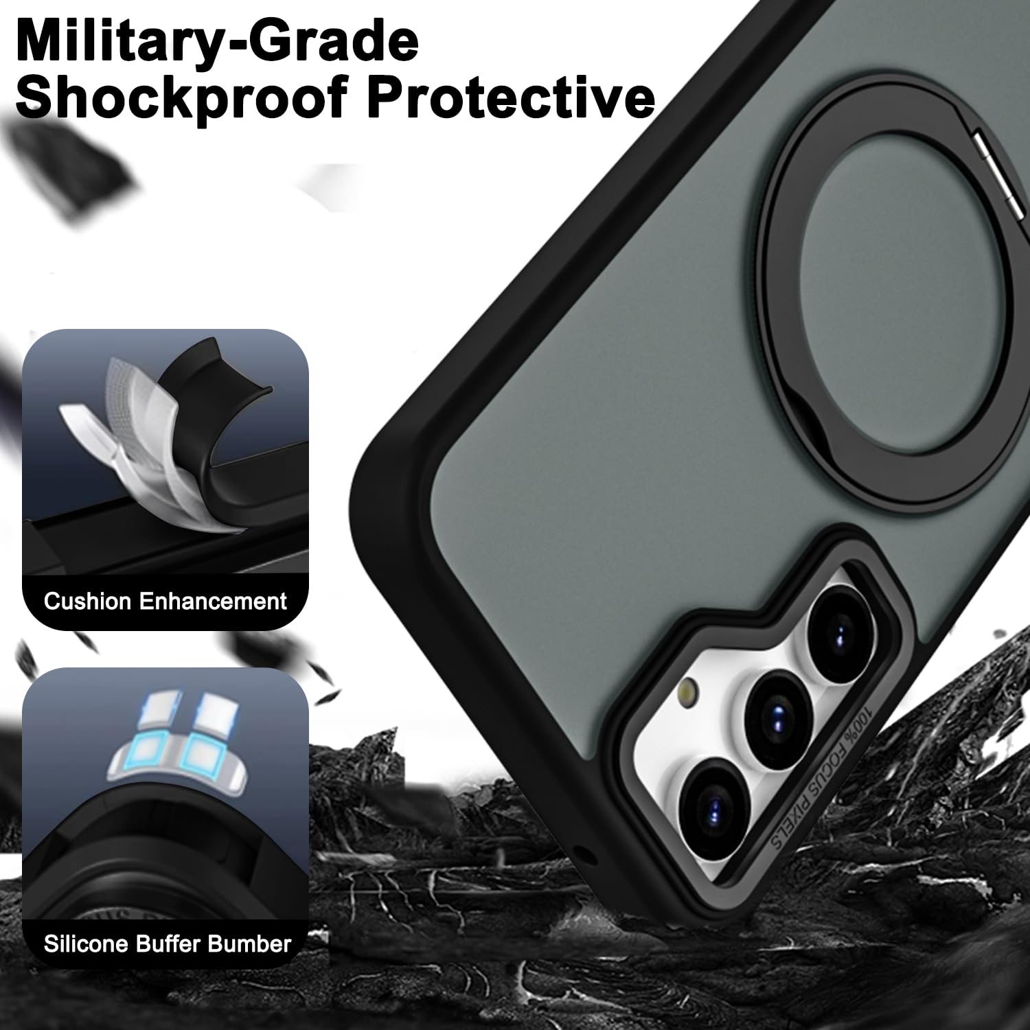 Husa de Protectie din Silicon, Compatibil Samsung Galaxy S24 Plus, Magnet Magsafe, Suport pentru telefon, Margini ridicate pentru protectie ecran si camera, Negru, Versatyx