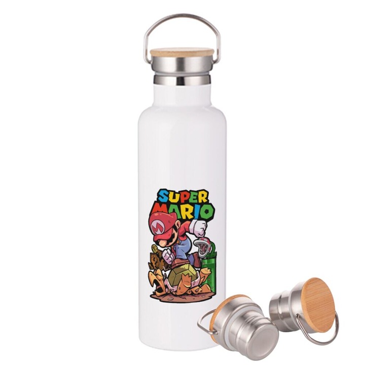 Termos din otel inoxidabil, Super Mario, capac din lemn, 750ml, alb, perete dublu