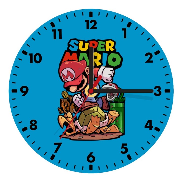 Ceas de perete din lemn, 20cm, cu design Super Mario, montare pe perete