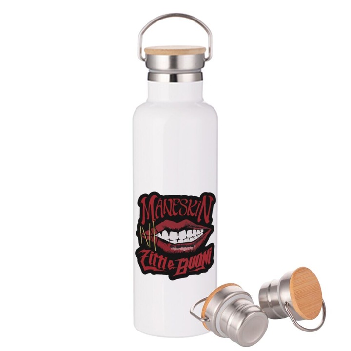 Termos Maneskin, otel inoxidabil, capac din lemn, 750ml, dublu perete, alb