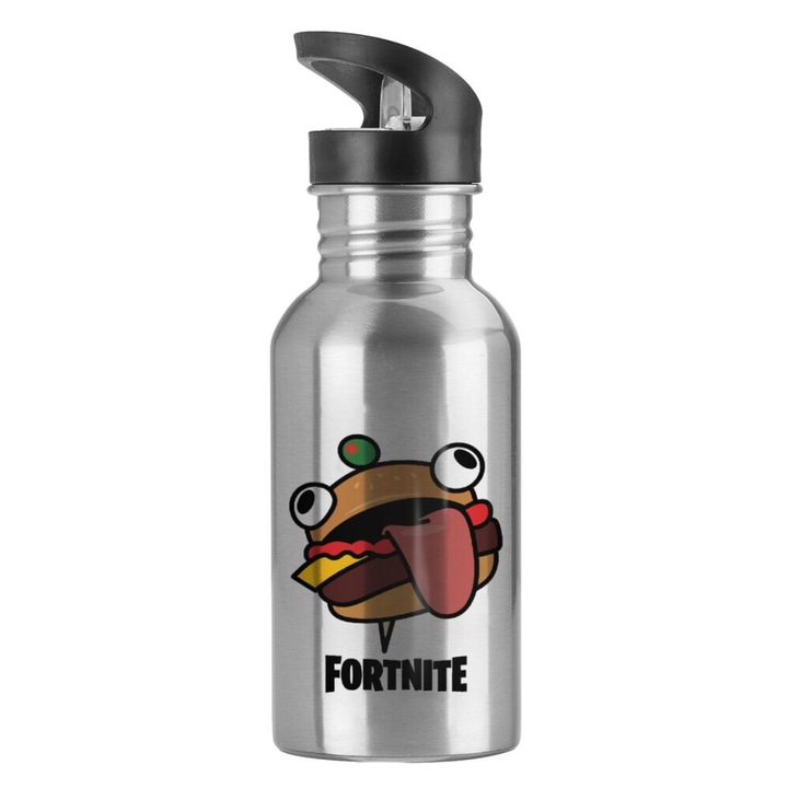 Sticla pentru apa Fortnite Durr Burger, 600ml, inox, capac cu pai, argintiu