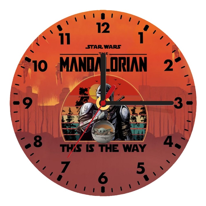 Ceas de perete din lemn, Mandalorian, 20cm, montare pe perete, functioneaza cu baterie AA