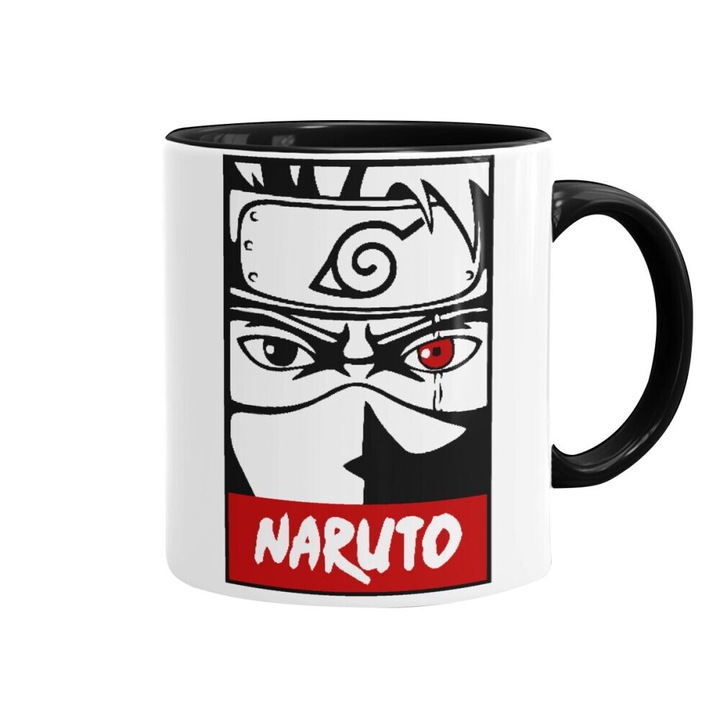 Cana ceramica Naruto, 330ml, neagra, interior colorat, set de cani