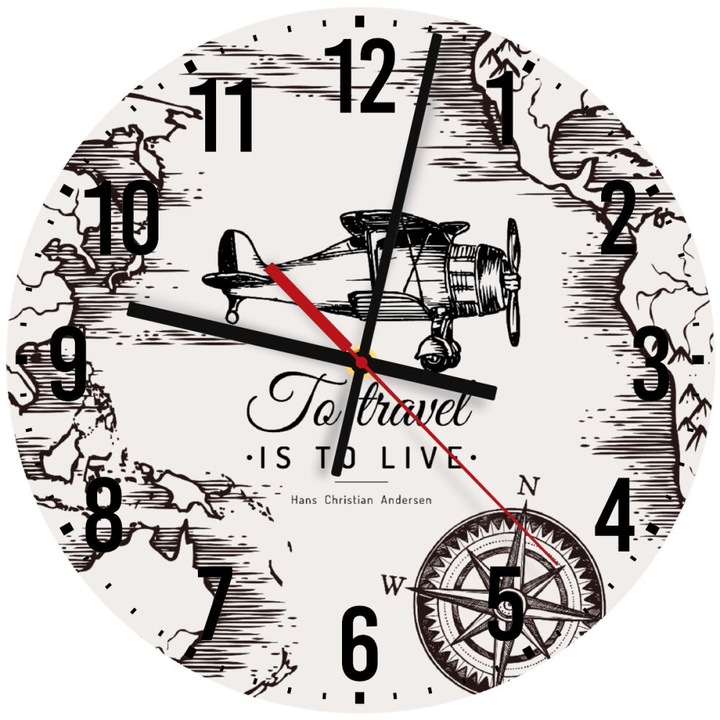Ceas de perete din lemn 30cm, mecanism quartz, montare pe perete, design "To travel is to live"