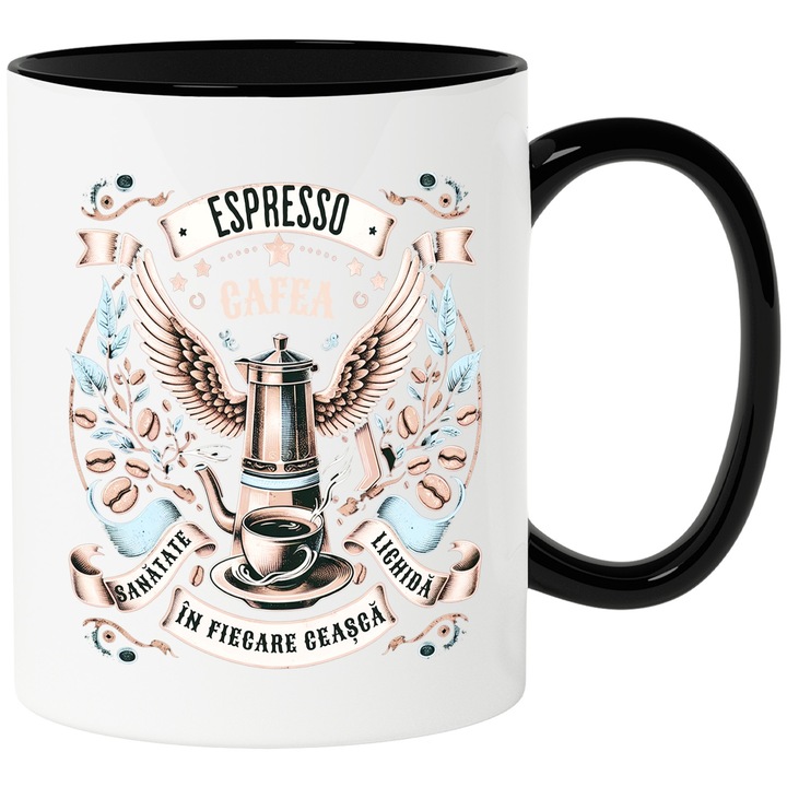 Cana espresso. cafea. sanatate lichida. in fiecare cana energie, 330ml, Ceramica cu Maner Negru