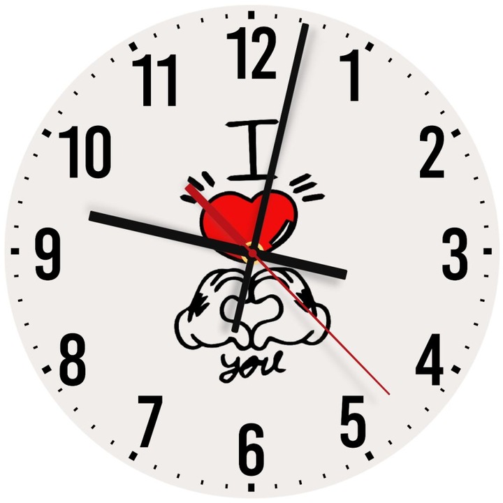 Ceas de perete din lemn 30cm, mecanism quartz, montare pe perete, design cu maini de benzi desenate